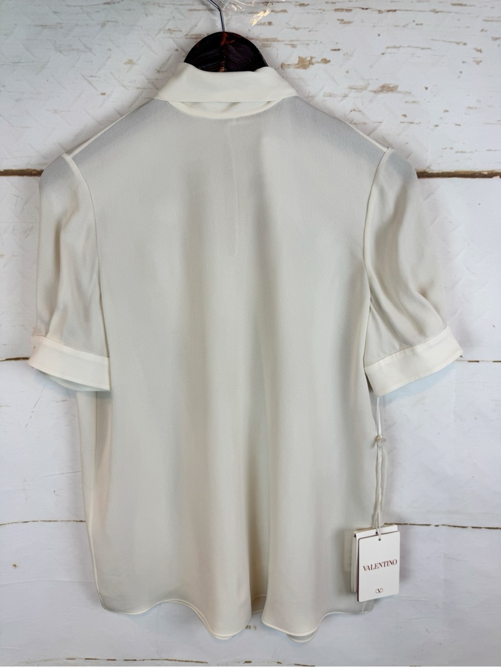 Valentino | Ivory 100% Silk Short Sleeve Mock Neck Blouse w Neck Tie, EU 40 NWT